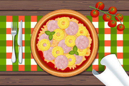 Hawaiian pizza. Delicious pizza on wood table with ham, cheeses, pineapple and basil. Vector Illustration.の写真素材