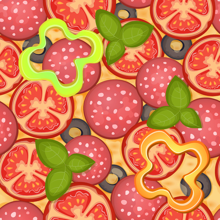 Delicious pizza seamless pattern with pepperoni, olive, cheese, tomato, mozzarella and basil. Vector Illustrationの写真素材