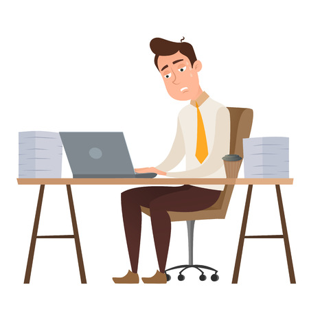 Employee funny cartoon character man sitting at the table and working all night with stacks of papers isolated on white. Businessman has a problem with a deadline. Vector flat design illustration.のイラスト素材