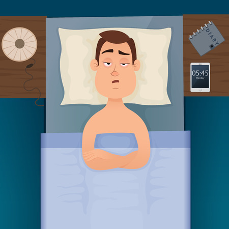 Young employee man with sleep problems and insomnia symptoms. Sleepless man all night thinking about work. Vector design illustration.のイラスト素材
