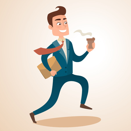 Happy businessman is running with morning coffee. Office worker, employee late for work, hurry, run. Vector flat designのイラスト素材