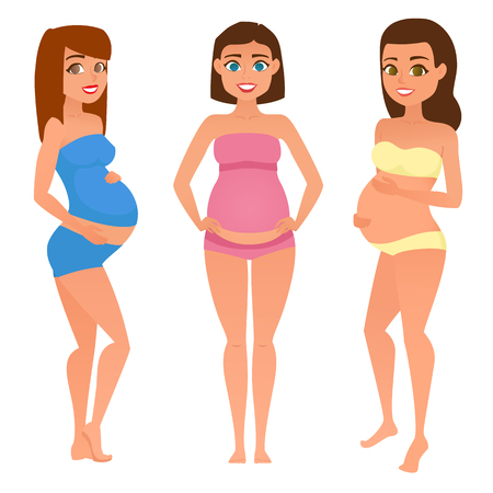Set of different young pregnant woman in swimsuit. Pregnancy in summer, on holiday. Fashion look with different hairstyles and clothes. Vector illustration.のイラスト素材