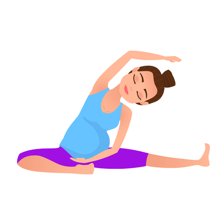 Young beautiful pregnancy woman character meditation while stretching yoga position. Stretch posture. Fitness healthy lifestyle. Pregnant yoga pose. Vector illustration.のイラスト素材