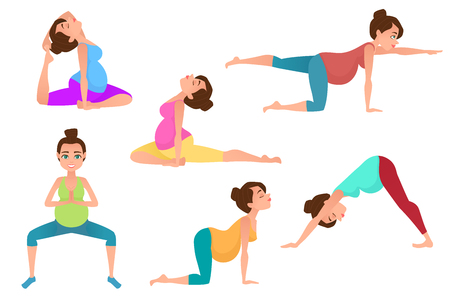Set of young beautiful pregnancy woman character meditation while sitting yoga position. Fitness healthy lifestyle. Vector set of pregnant yoga poses. Vector illustration.のイラスト素材