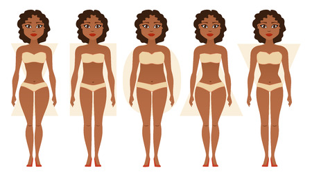 African American girl, body figures. Woman shapes, five types hourglass, triangle, inverted triangle, rectangle, pear rounded Vector illustrationの写真素材