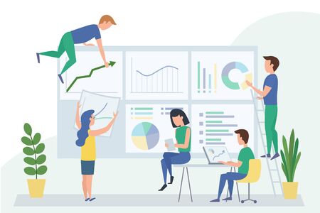 People work in a team with dashboard and interact with graphs. Data analysis design concept, workflow management, office situations. Vector illustrationのイラスト素材