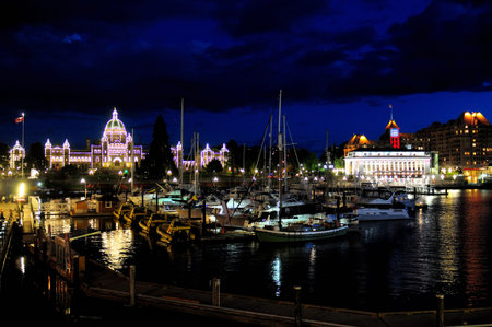 Illuminated Victoria Harbour At Night Vancouver Island Canadaの写真素材