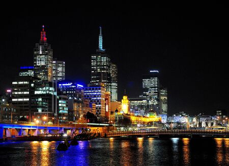 View At Night From King Street Bridge To The Waterfront Of Downtown Melbourne Victoria Australiaの写真素材