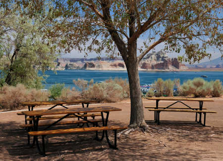 Shady Picnic Area Under A Tree At Wahweap Marina At Lake Powell Arizona On A Sunny Summer Day With A Clear Blue Sky And A Few Cloudsの写真素材