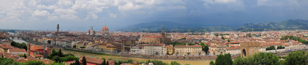 View From Piazzale Michelangelo To The Historic Old Town With The Famous Cathedral Santa Maria Del Fiore In Florence Tuscany Italy On A Beautiful Spring Day With A Blue Sky And A Few Cloudsの写真素材
