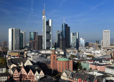 Skyline Of The Banker's City With The Famous Church Paulskirche In The Foreground In Frankfurt Am Main Hesse Germany On A Beautiful Autumn Day With A Clear Blue Skyの写真素材