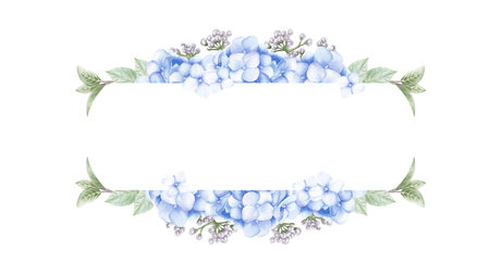 Template with blue hydrangea flowers, leaves and buds. Watercolor hand drawn illustration isolated...