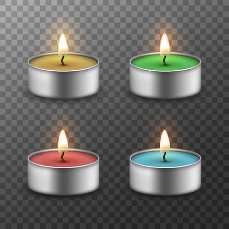 3d candles set. Realistic burning candles isolated on transparent background. vector illustrationのイラスト素材
