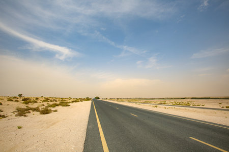 Road in the middle of the desert with blue sky and white clouds