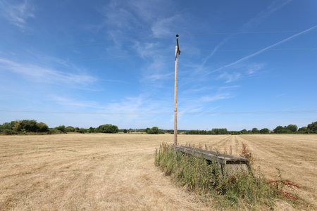 Old rusty pole in a field under a blue sky with white cloudsの写真素材