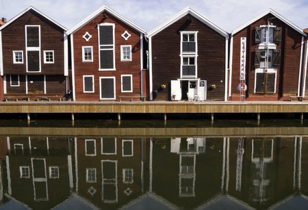 Wooden harbour houses in the Swedish town Hudiksvallの写真素材