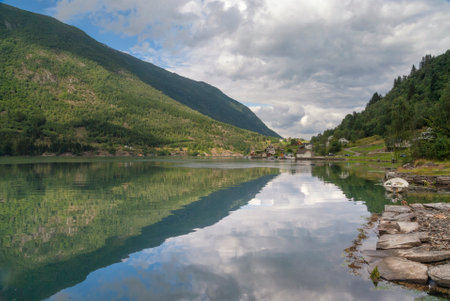 View over the Arnafjorden near Nese. Arnafjorden is a southern branch of the Sognefjord which is the largest and deepest fjord of Norwayの写真素材