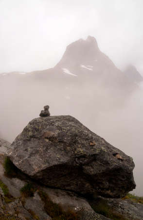 Pile of rocks on the famous Norwegian tourist attraction Trollstigen mountain roadの写真素材
