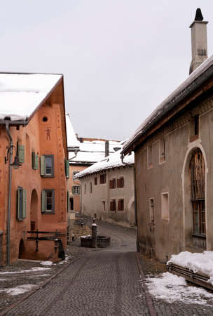 Pittoresque street in the Swiss village Guardaの写真素材