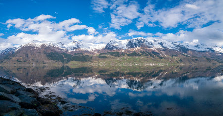 Panoramic view over lake Sandvevatnet near Oddaの写真素材