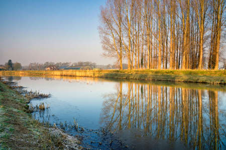 Row of trees reflecting in the river Berkel close to the Dutch city Lochem in the province Gelderlandの写真素材