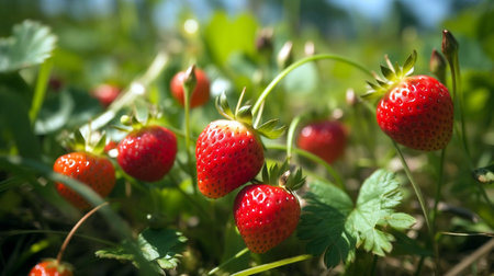 strawberry growing in the garden on a background of green grassの素材