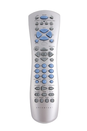 A Univeral Television Remote isolated on white   This silver remote can control your VCR, DVD, TV, CD Changer, AM FM Radio, Satellite.の写真素材
