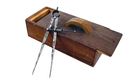 Compass and Tool Box isolated on a white backgroundの写真素材