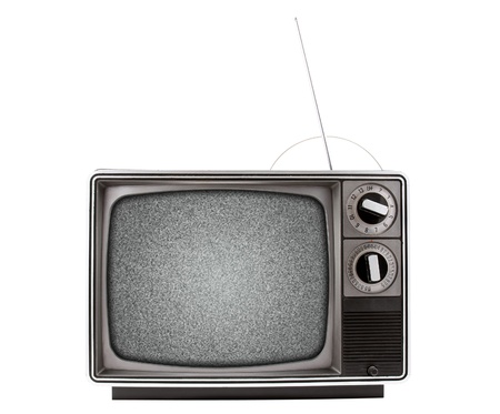 An old retro television with a bad signal, represented by analog snow   Has both a UHF and VHF antenna   TV is isolated on a white background, の写真素材