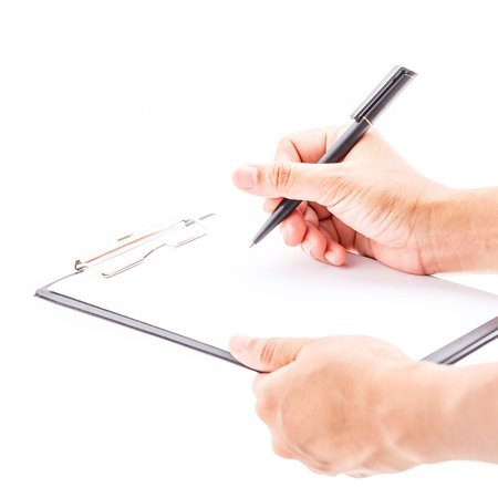 Concept of business holding a clipboard and write on it, isolated on white background.の写真素材