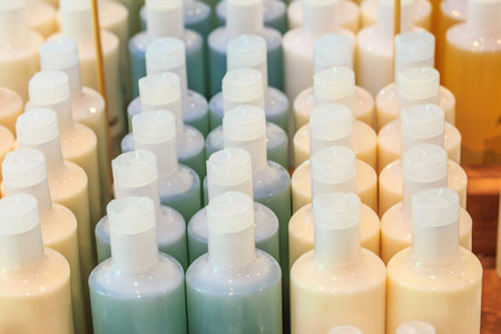 Group of product shampoo bottles.
