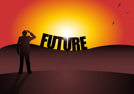 A Stock Vector illustration of a man standing at the top of a mountain looking for his futureのイラスト素材