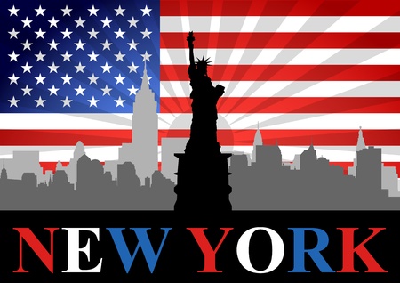 A Stock Vector of Liberty statue with New York City and USA Flag as Backgroundのイラスト素材