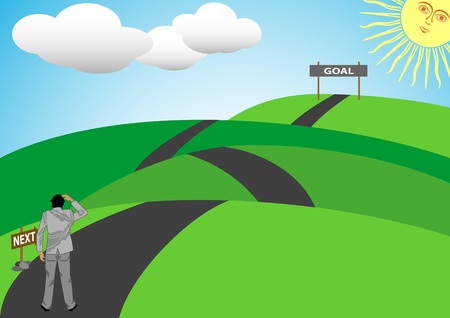 A Stock Vector illustration of a man walk in a long road up and down a hill to achieve his goal in lifeのイラスト素材