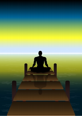 Stock Vector illustration Sitting Yoga on a Sunset at Beach Bridgeのイラスト素材