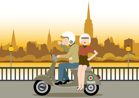 Simple cartoon illustration of man and woman ride scooter at sunsetのイラスト素材