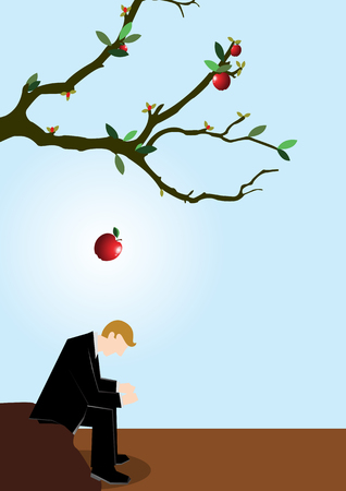 Simple business illustration of a businessman got fallen apple on his head as a symbolism of ideasのイラスト素材