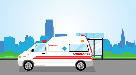 Simple cartoon illustration of an Ambulance in the city streetのイラスト素材