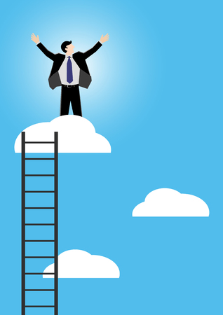 Simple business cartoon illustration of a businessman standing on cloud as a symbolism of successのイラスト素材
