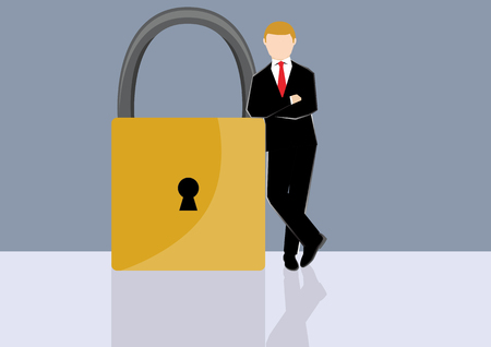 Simple business cartoon illustration a businessman standing in a side of a security lock as a symbolism of trust, safe and secureのイラスト素材