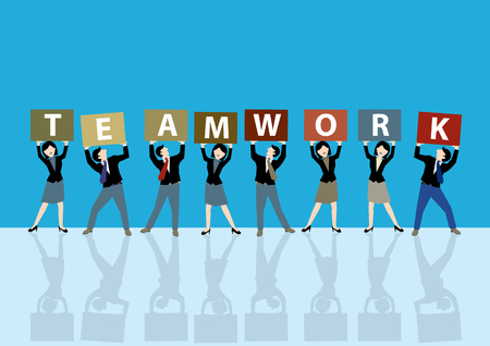 Simple business cartoon illustration a group of men and women shows their teamwork board as a symbolism of together and teamworkのイラスト素材