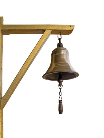 Bronze bell hanging on triangle wood isolated on white の写真素材