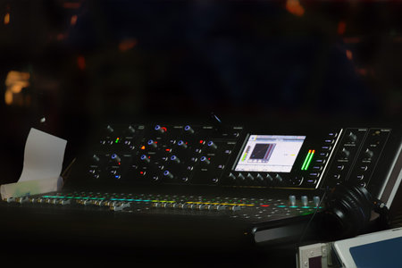 Blurry background of set of digital studio sound and music mixer for music recording, radio or tv...