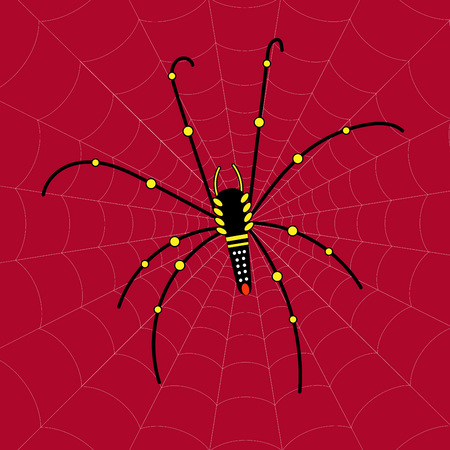 Big black and yellow spider on spider web with red background.のイラスト素材