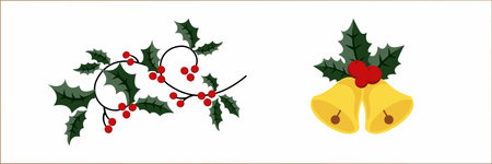 Christmas bells and holly berry on white background. Vector illustration.のイラスト素材