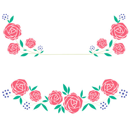 Set a floral border with a wreath of green leaves and rose flowers for a wedding card, a greeting card, or decorative artwork.のイラスト素材