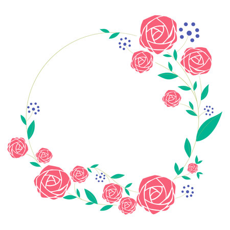 Set a floral border with a wreath of green leaves and rose flowers for a wedding card, a greeting card, or decorative artwork.のイラスト素材