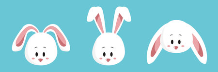 face set of a cute white rabbit. Kawaii bunny ear emoji, or bunny emoticon. symbol of a rabbit. Expression of a funny animal cartoon figure. outline in a vector illustrationのイラスト素材