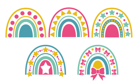 Rainbow set. cute boho rainbow in pastel colors. cute rainbow with hearts. Vector illustration.のイラスト素材