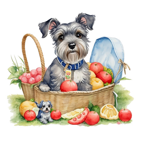 Watercolor illustration of a cute dog with a basket of apples and orangesの素材